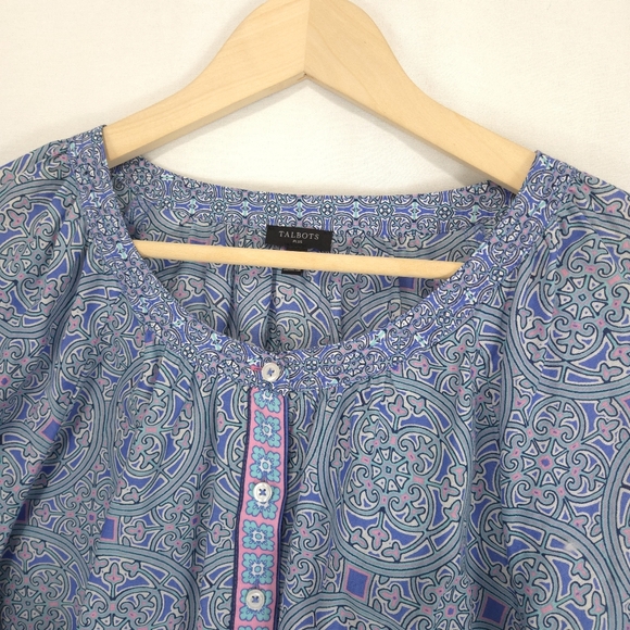 Talbots Women's Medallion Print Cotton Popover Top - Picture 2 of 9